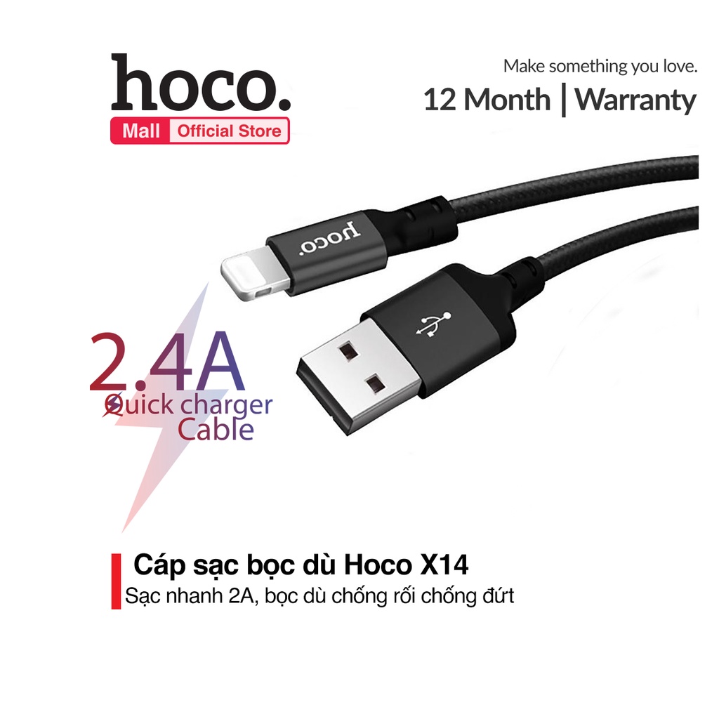Cáp sạc Lightning Hoco X14 cho iPhone XS max, iPhone 11, iPhone 11 Pro max, hỗ trợ sạc nhanh 2.4A