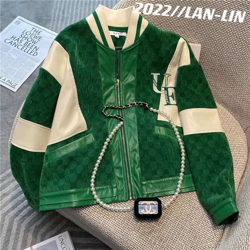 Set Thể Thao Áo Khoác Bomber & Chân Váy Chữ A Xanh Lá Phối Trắng