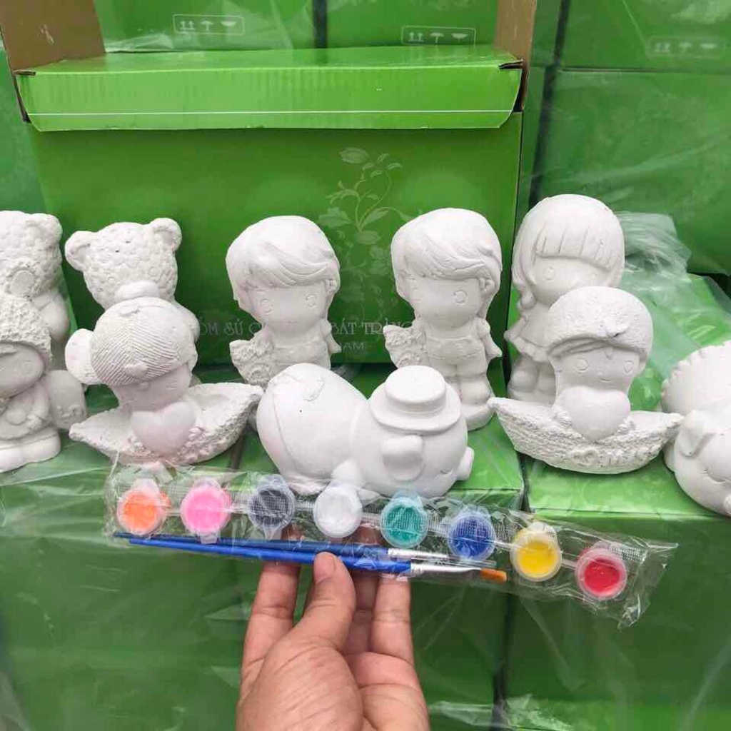 Tô tượng hộp 6 tượng 8-10cm kèm vỉ 6 màu và cọ vẽ hàng rõ nét bán siêu thị hiệu sách (Mua 2hộp để áp mã freeship extra)