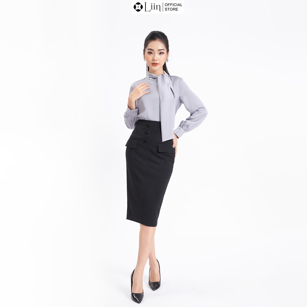Chân váy công sở Linbi màu đen 3 cúc bọc kiểu dáng trẻ trung, thanh lịch liin clothing J4265