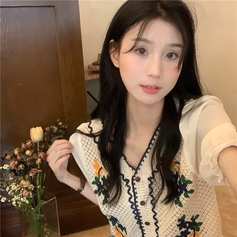 Áo sơ mi ZHELIHANGFEI ngắn tay thêu họa tiết xinh xắn