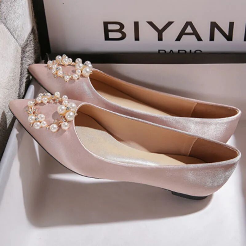 Giày bệt nữ Giày Búp Bê Mũi Nhọn Bằng Satin Đính Đá Ngọc Trai Sang Trọng Cho Cô Dâu Cỡ 33-44