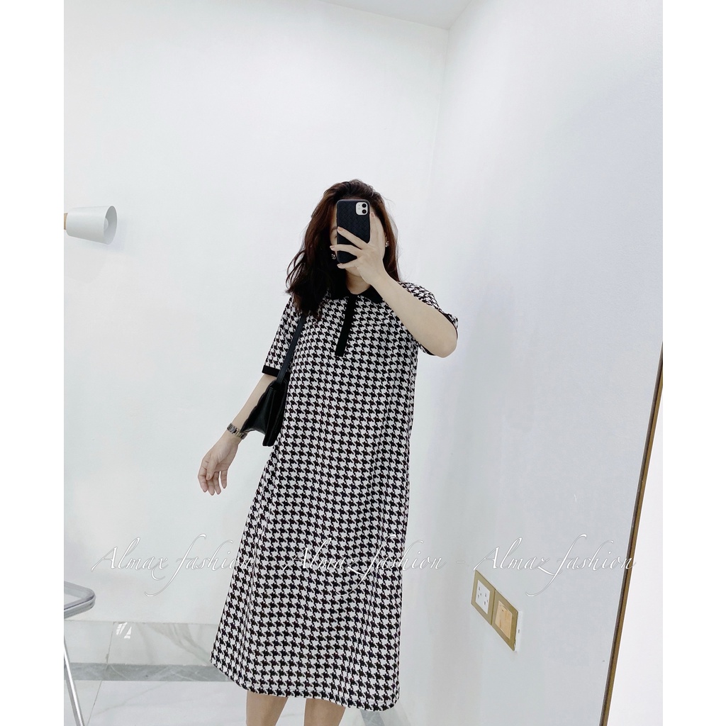 Váy suông cổ đức hoạ tiết ziczac, váy đũi lụa siêu mềm siêu mát - Almaz Fashion