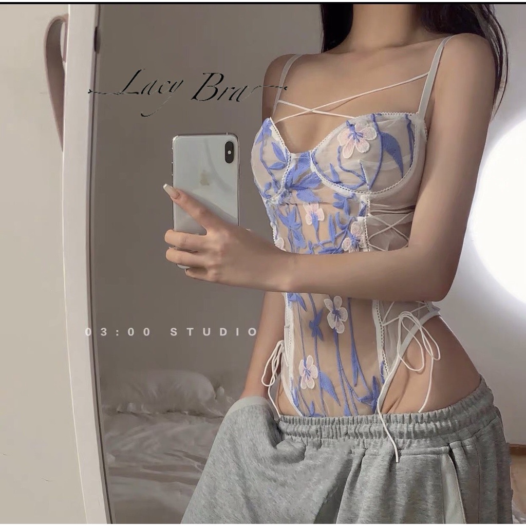 Bodysuit Voan Mỏng Thêu Hoa Dây Đan Chéo Ngực Gợi Cảm Lacy Bra - S1 | BigBuy360 - bigbuy360.vn