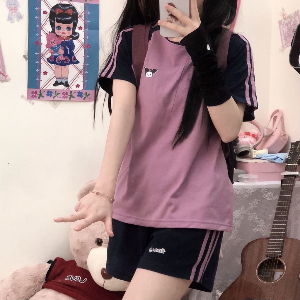 Bộ Đồ Thể Thao Áo Tay Ngắn Quần Short Dáng Rộng Mềm Mại In Họa Tiết Kuromi Phong Cách Nhật Bản Dành Cho Nữ Sinh