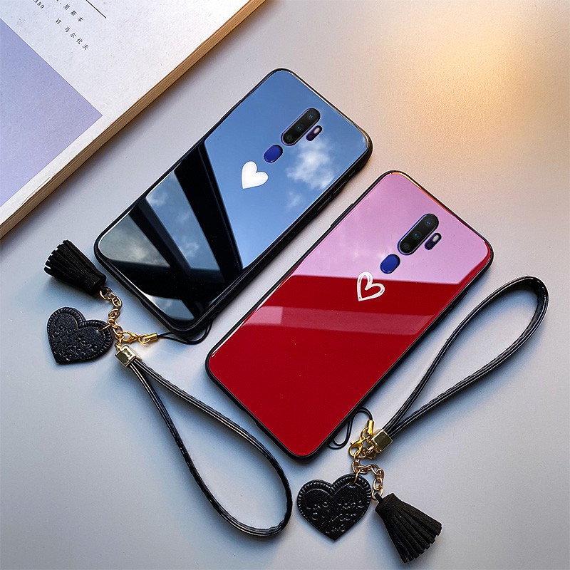 Bao da Ốp lưng OPPO F11 F7 F9 Pro F5 YOUTH F3 Plus Case 【one case one strap】Fashion Luxury Black Red love heart Hard Tempered glass soft silicone Cover Ốp lưng OPPO F11 Pro f5 F3 Lite Protection Phone Casing