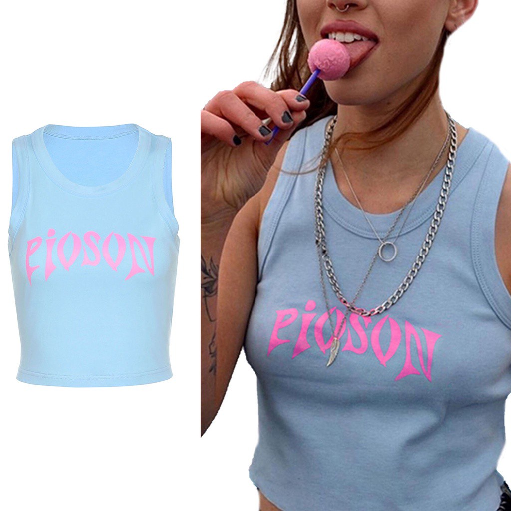 Áo Croptop Sát Nách Cổ Tròn In Chữ Thời Trang Mùa Hè Cho Nữ