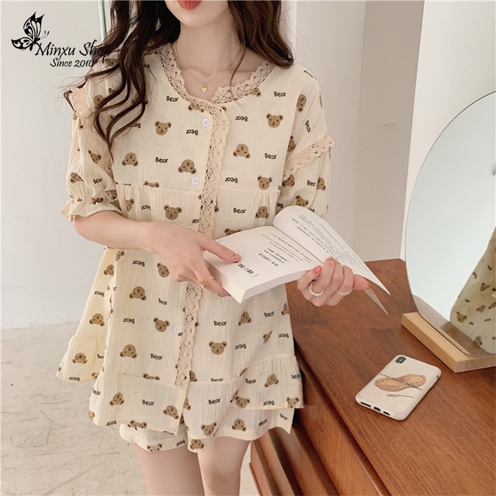 Bộ mặc nhà vải cotton sữa mềm mịn,kiểu sang trẻ trung dễ thương Minxu Shop AX