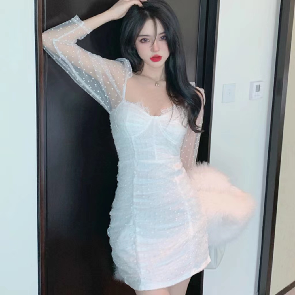 Đầm Tay Phồng Phối Lưới Họa Tiết Chấm Bi Phong Cách Retro Pháp