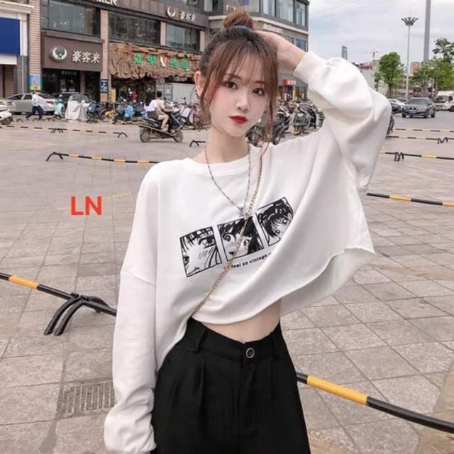 [ Mã WASTAPR giảm 10K đơn 50K] Áo croptop ô vuông cô gái hoạt hình tay bo LN12