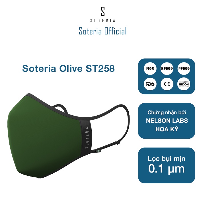 Khẩu trang tiêu chuẩn Quốc Tế SOTERIA Olive ST258 - Bộ lọc N95 BFE PFE 99 lọc đến 99% bụi mịn 0.1 micro- Size S,M,L