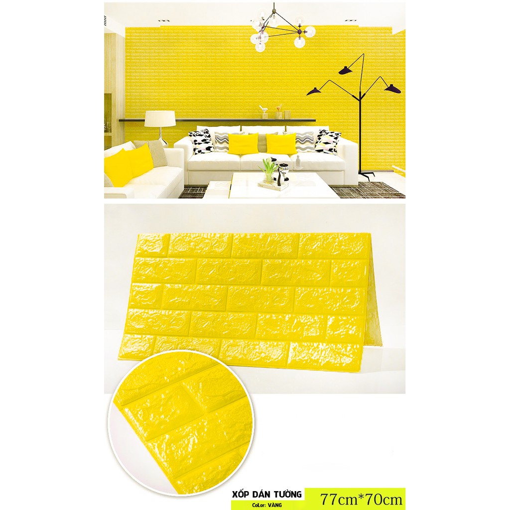 Xốp dán tường màu vàng giả gạch 3D loại dày 5mm