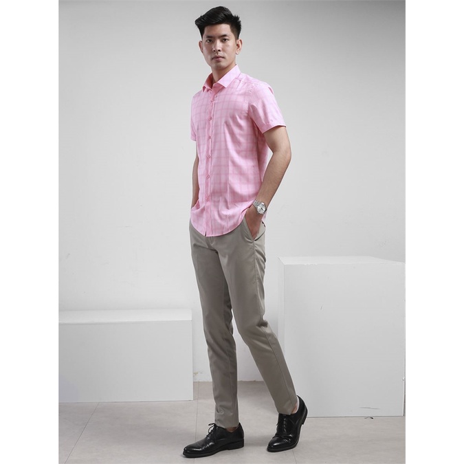 Áo sơ mi ARISTINO ngắn tay sợi tre  mềm mát ,kẻ hồng nổi bật-slim-tà lượn ASS061S8