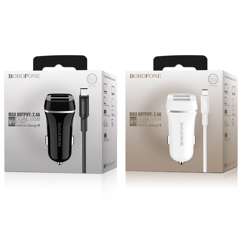 Tẩu sạc xe hơi 2 cổng tặng dây cáp ĐT táo,type c,micro tùy chọn 1m Borofone BZ2