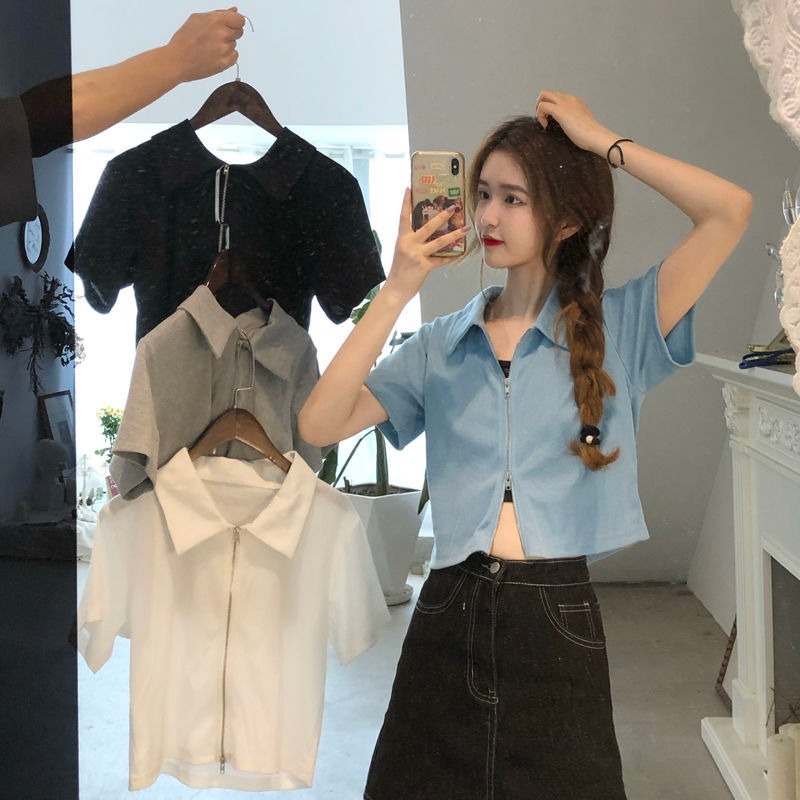 Áo Thun Lửng Ngắn Tay Có Khóa Kéo Thời Trang Hè 2021 Cho Nữ