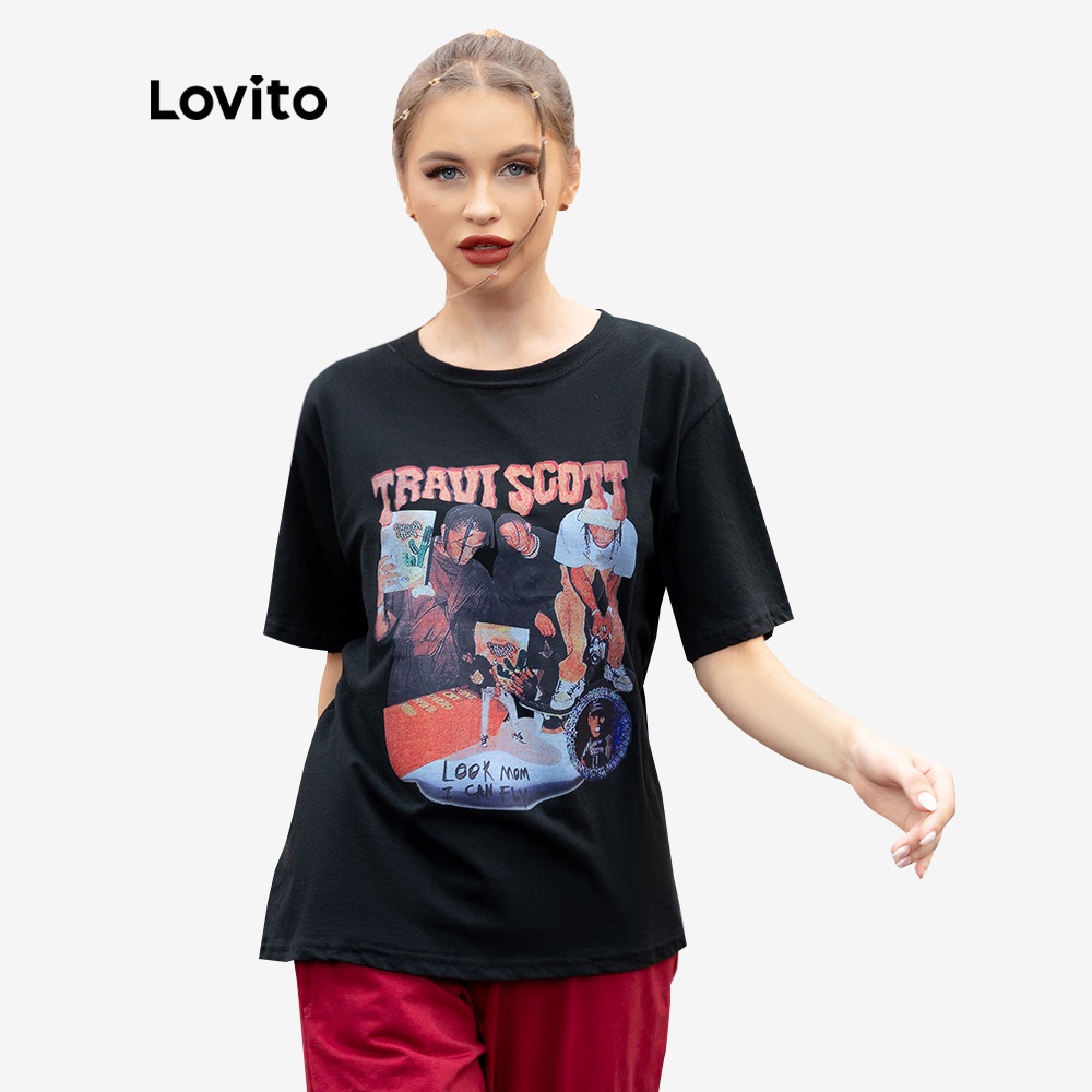 Áo thun Lovito in họa tiết phong cách vintage đơn giản L00241 (màu đen/ trắng)