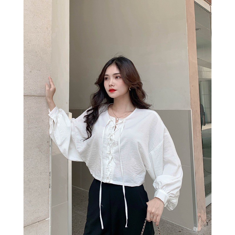 Áo croptop tay phồng form rộng, đan dây braided shirt LUCETFASHION, áo kiểu nữ tay dài