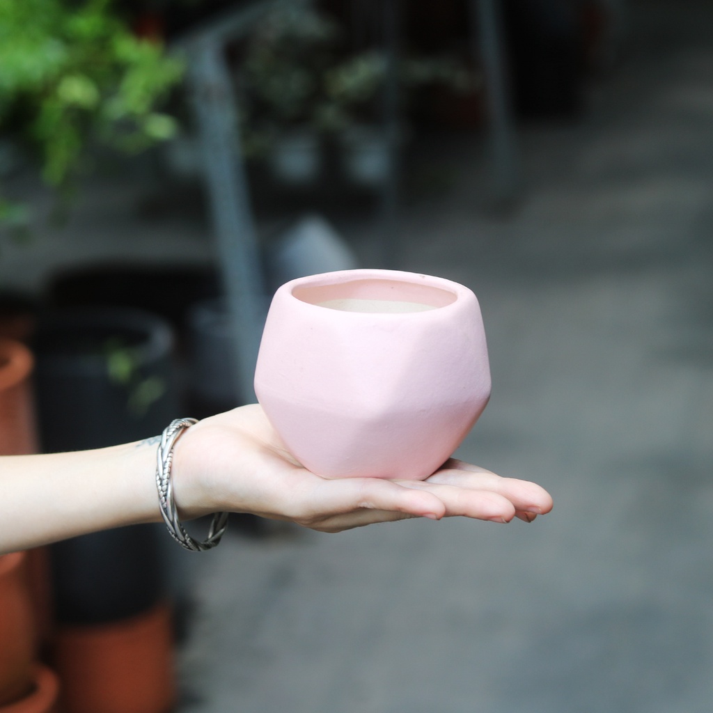 Chậu mini gốm tráng men màu hồng phấn, hồng pastel trồng sen đá, xương rồng
