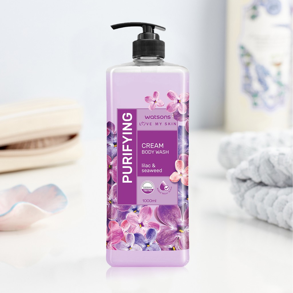 Kem Tắm Watsons Love My Skin Purifying Lilac &amp; Seaweed Cream Body Wash Thanh Lọc Da 1000ml