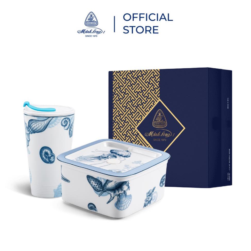 Combo trung thu: Bộ quà tặng hộp sứ + ly sứ dưỡng sinh Minh Long hoa văn Đại Dương kèm hộp và túi giấy sang trọng(cb7)