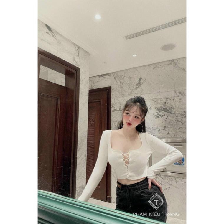 áo kiểu tay dài croptop cổ chữ u siêu xinh chất thun lụa phối đan dây trước ngực cực sexy cho bạn gái 😘