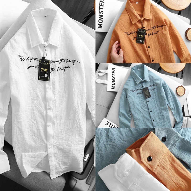 ❤❤ Áo sơ mi nam vải đũi kiểu dáng thời trang thêu chữ cực phẩm