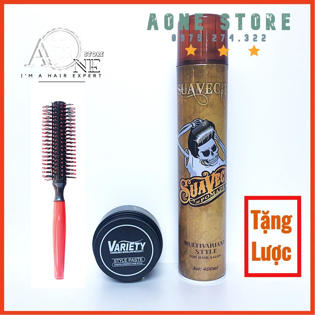 Gôm Xịt Tóc Suavecito Giữ Nếp Cứng 400ml + Sáp vuốt tóc Variety Matte Lasting 100ml ( Tặng Kèm Lược Tạo phồng)