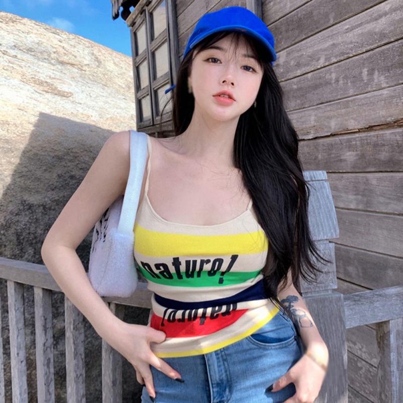 Áo Croptop Dệt Kim Sát Nách Hoạ Tiết Kẻ Sọc Thời Trang Mùa Hè Cho Phái Nữ
