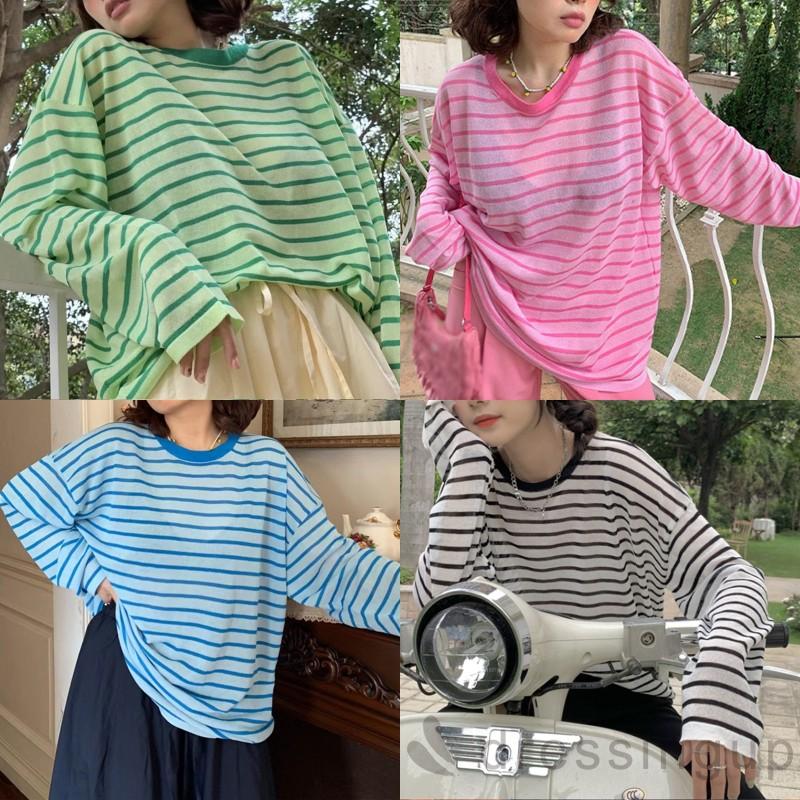 Áo thun tay dài dáng rộng họa tiết sọc thời trang cá tính cho nữ