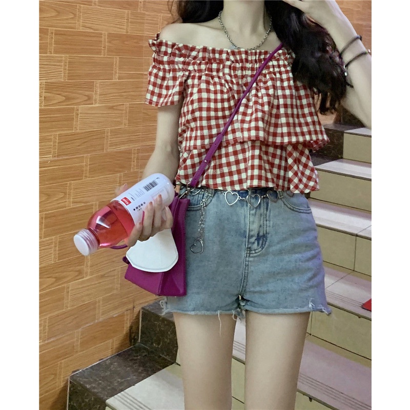 Áo kiểu lệch vai kẻ sọc caro trẻ trung hợp thời trang