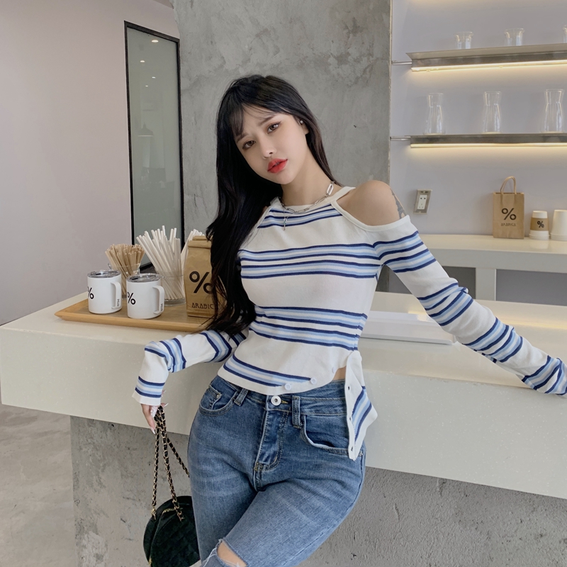 Áo Croptop Xiaozhainv Tay Dài Hoạ Tiết Kẻ Sọc Phong Cách Hàn Quốc