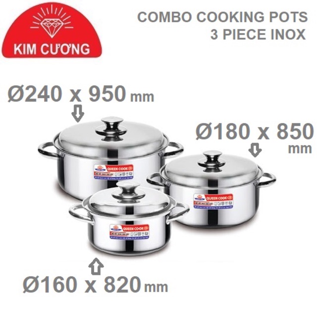 Combo bộ 3 nồi inox Kim Cương Queen Cook inox SUS201