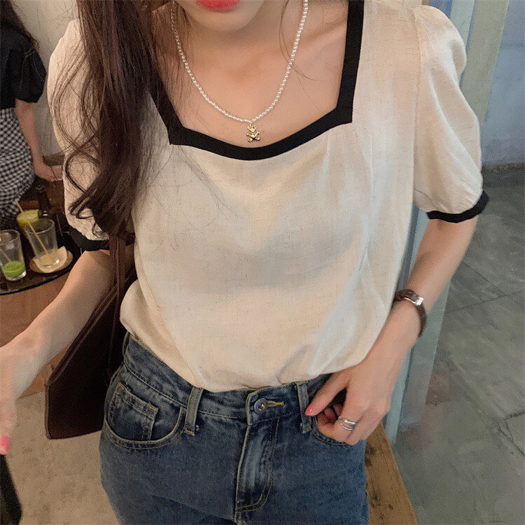 Áo vintage cổ vuông linen | BigBuy360 - bigbuy360.vn