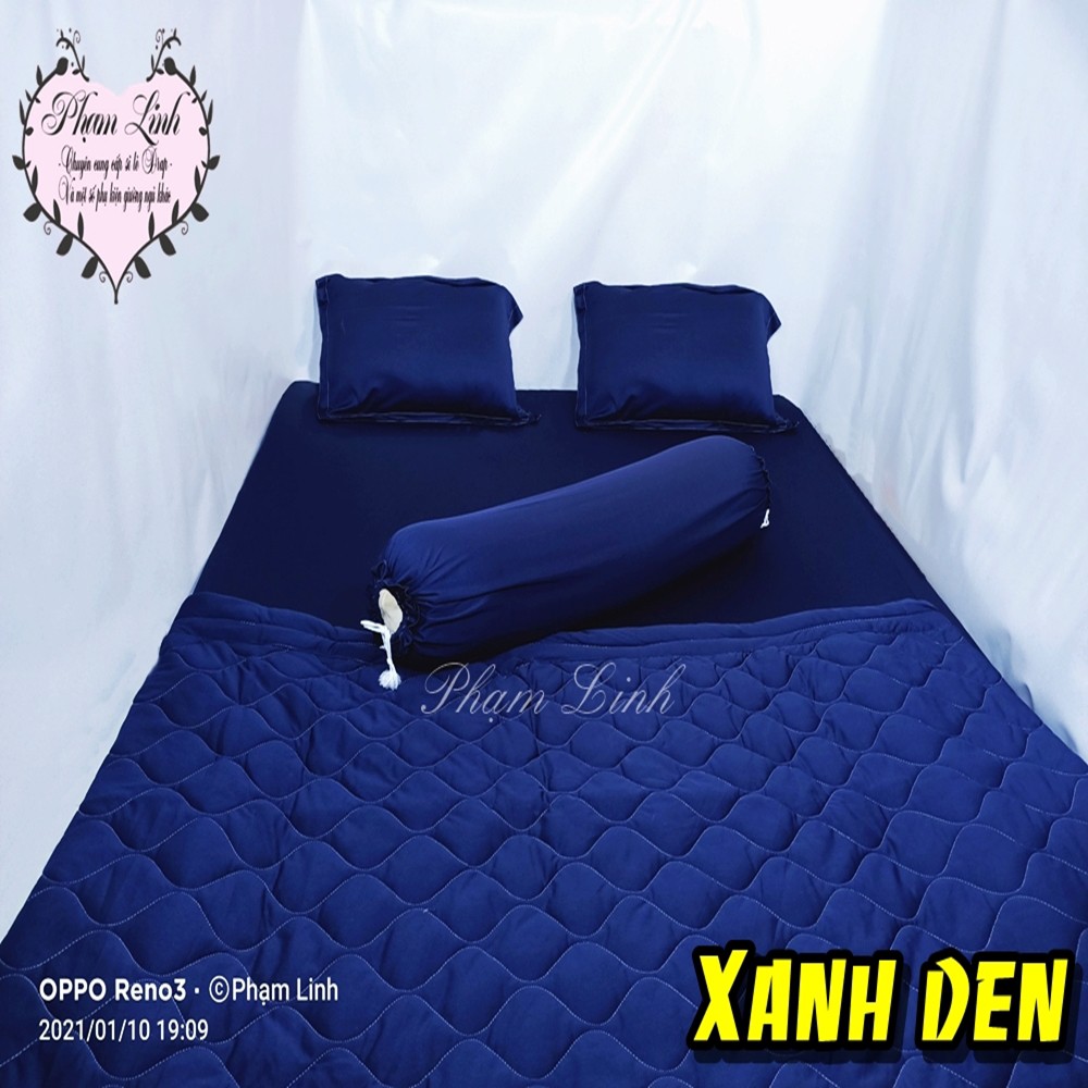 [Bộ 5 món] Bộ Drap-Ga trải giường và mền chần bông thun lạnh 4 chiều màu trơn [Xanh đen, Xanh cổ vịt]