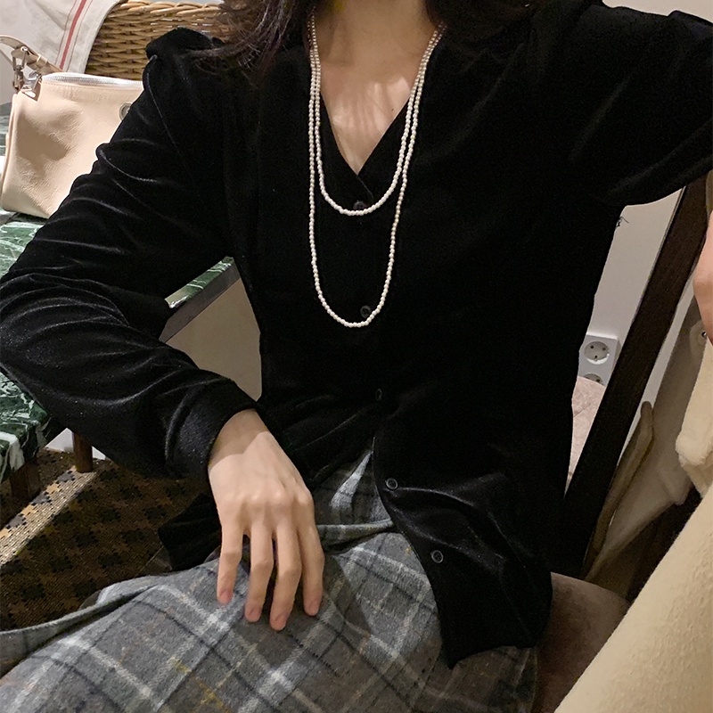 SUXI Áo Sơ Mi Tay Dài Cổ Chữ V Màu Sắc Thanh Lịch