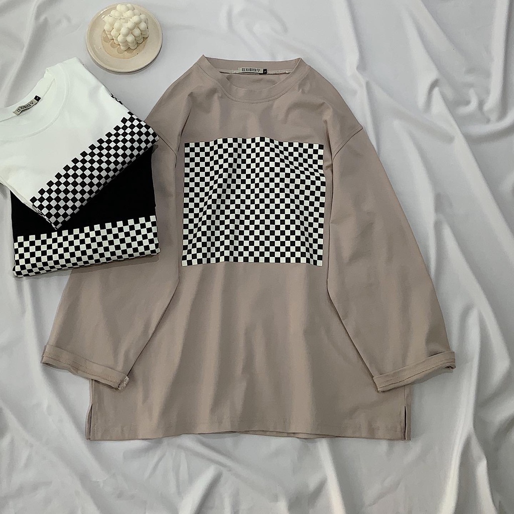 Áo Phông Dài Tay JEMCLOSET Fuid Form Dáng Rộng Hình Kẻ Caro Chất Liệu Vải Thô Phong Cách Hàn Quốc - 10134