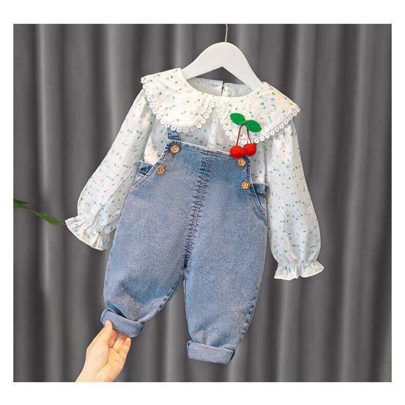 Set Yếm Jeans Cho Bé, Thiết Kế Đáng Yêu, Đính Trái Cherry, Size Từ: 5-16Kg