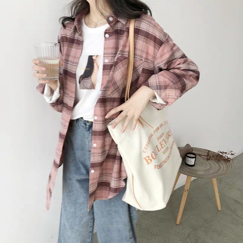 ÁO SƠ MI KẺ NỮ DÀI TAY DÁNG RỘNG