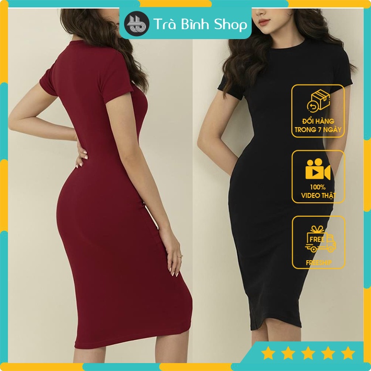 Váy body cổ tròn chất len tăm Đầm dáng ôm ngắn tay gợi cảm