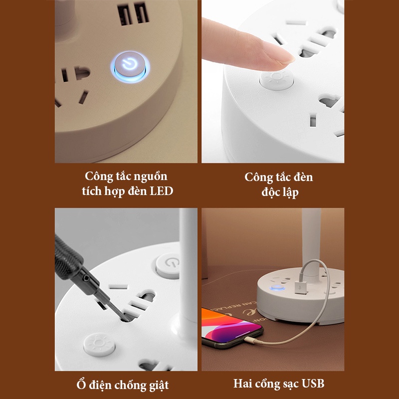 Đèn Ngủ Để Bàn Đa Năng Hình Nấm Tích Hợp 3 Ổ Cắm Điện,  2 Cổng Sạc USB, Giá Để Điện Thoại - DN05 - Gia Dụng Tý Tẹo
