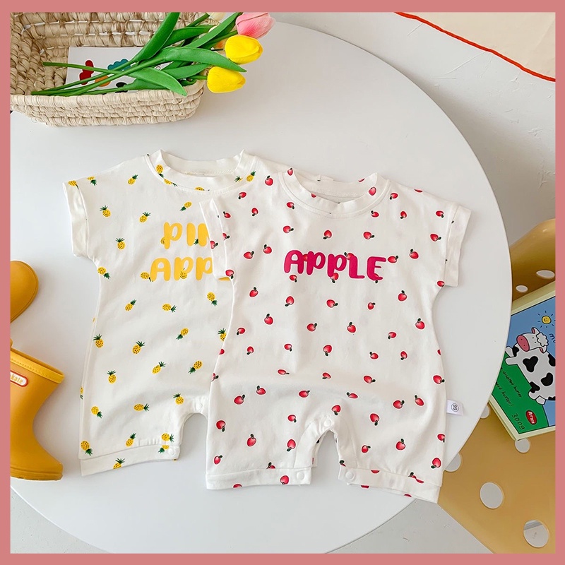 Bộ Áo Liền Quần Tay Ngắn Chất Liệu Cotton In Họa Tiết Hoạt Hình Phong Cách Hàn Quốc Dễ Thương Cho Bé Sơ Sinh