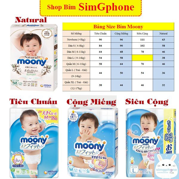 Bỉm /Tã dán/quần Moony siêu cộng/ cộng miếng/ Natural / tiêu chuẩn nội địa Nhật đủ size Nb96/S90/M68/ L54/ L44/ Xl44