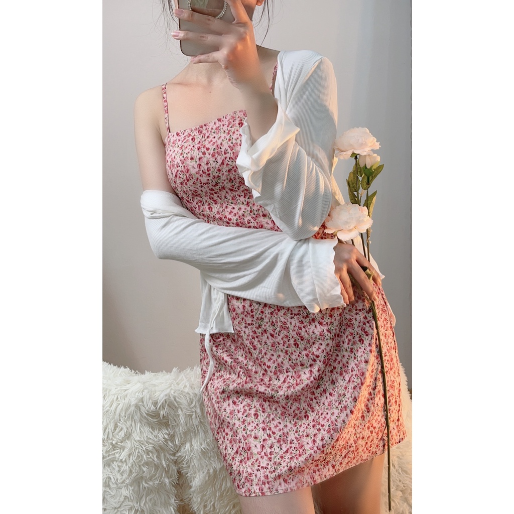 Váy Hai Dây Hoa Nhí Hồng Kèm Áo Cardigan Len Tăm Mỏng HT29 HaLuu Store Phù Hợp Cho Nữ