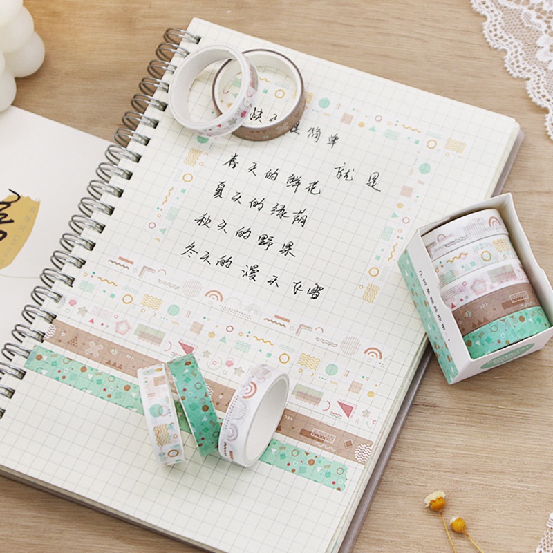 Set 5 Cuộn Băng Keo Giấy Họa Tiết Hình Học Cổ Điển 8 Kiểu Dán Trang Trí Nhật Ký/Nhật Ký DIY