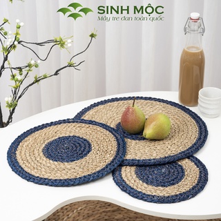 Đĩa cói lót bàn ăn xanh dương, tấm lót decor chụp ảnh, lót ly, lót cốc Sinh Mộc - M2004