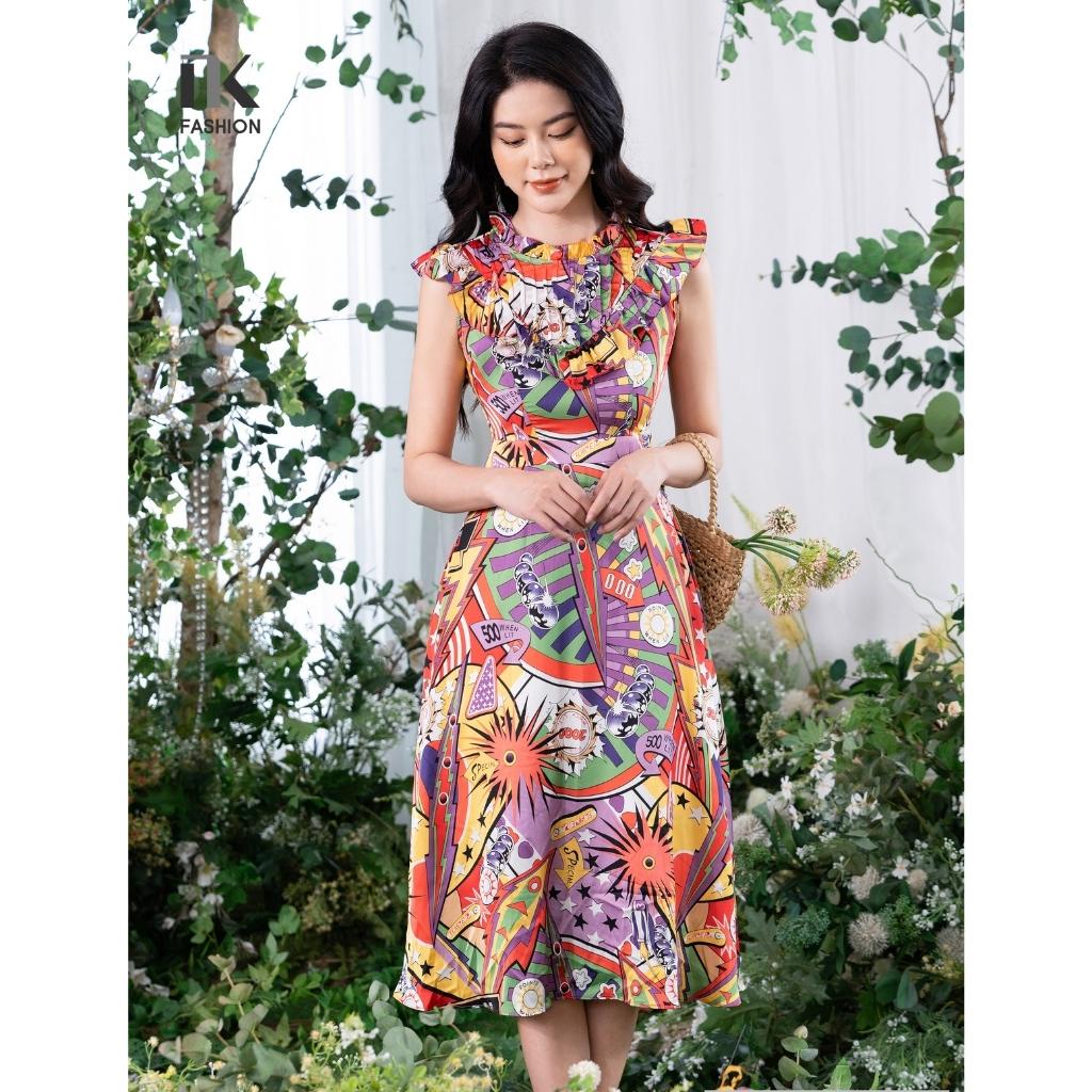 Đầm Dáng Xòe Nữ NK Fashion Thiết Kế Sát Nách Cổ Bèo Họa Tiết Thời Trang, Chất Vải Mềm Mịn NKDV2204008