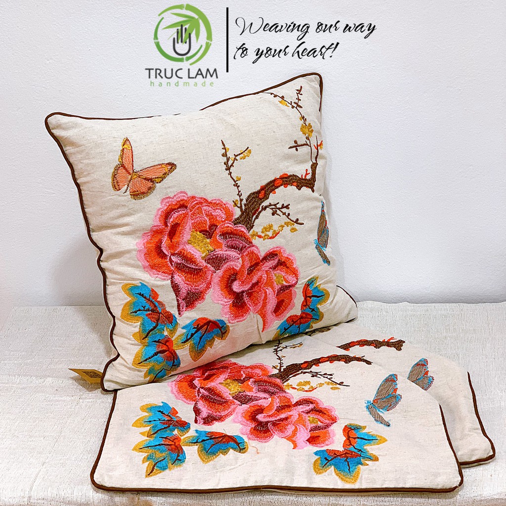 Gối/Vỏ Gối Vuông Tựa Lưng Sofa (45x45) Trang Trí Phòng Vải Linen Thêu Thủ Công Hoa Mẫu Đơn - Trúc Lâm Handmade