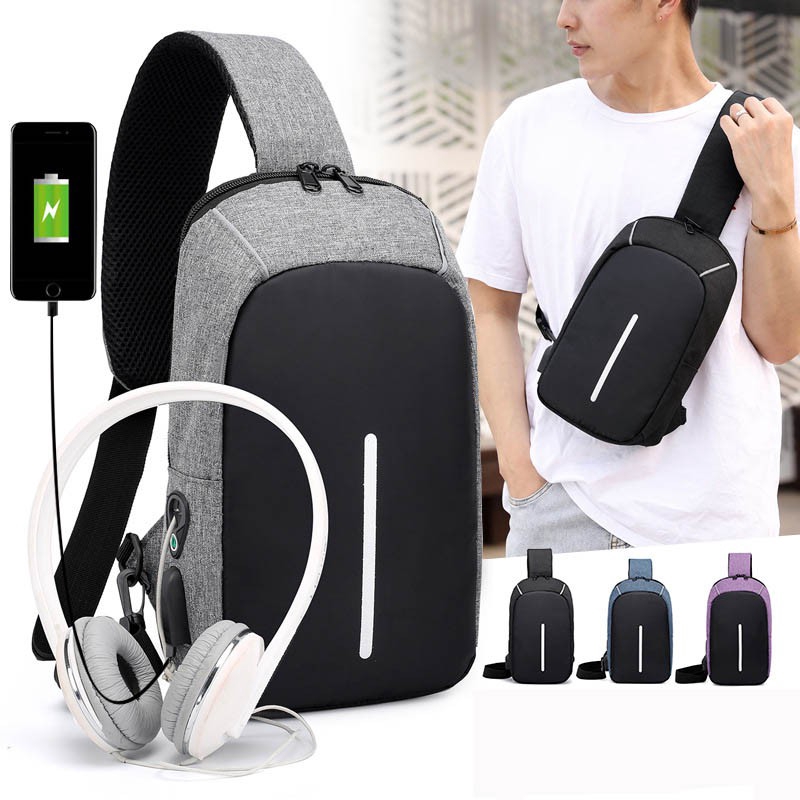 Túi đeo chéo thời trang nam bằng vải polyester có cổng sạc USB cho điện thoại