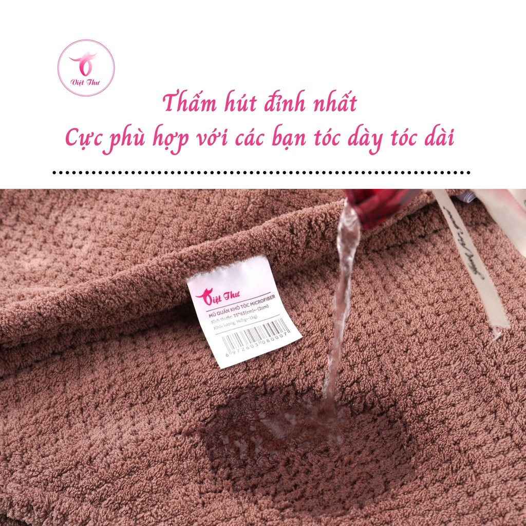 Khăn ủ tóc nhanh khô VIỆT THƯ, khăn quấn tóc MICROFIBER 2 lớp siêu dày, siêu mềm, siêu thấm, 25x65cm, 160gr