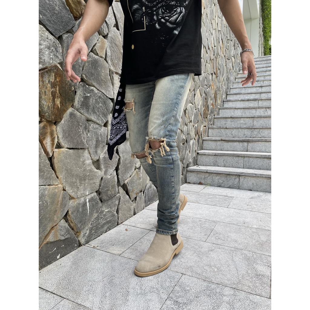 Quần Jean nam rách, quần bò nam đẹp, form slimfit có zip, chất jean co giãn thoải mái, màu wash bụi bậm